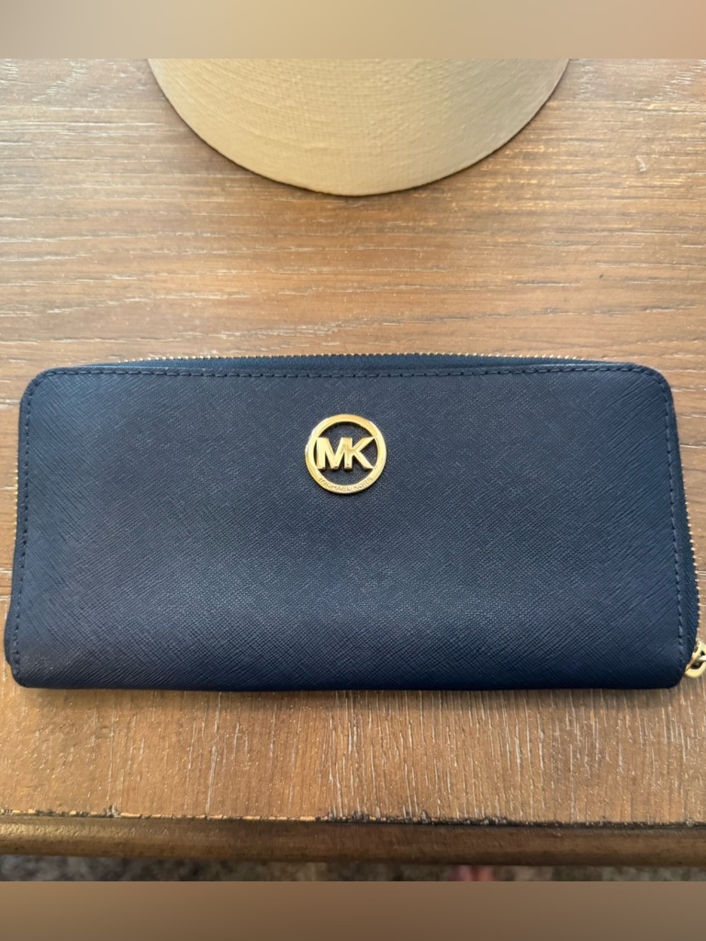 Michael Kors Navy Blue Textured Wallet with Gold MK Emblem